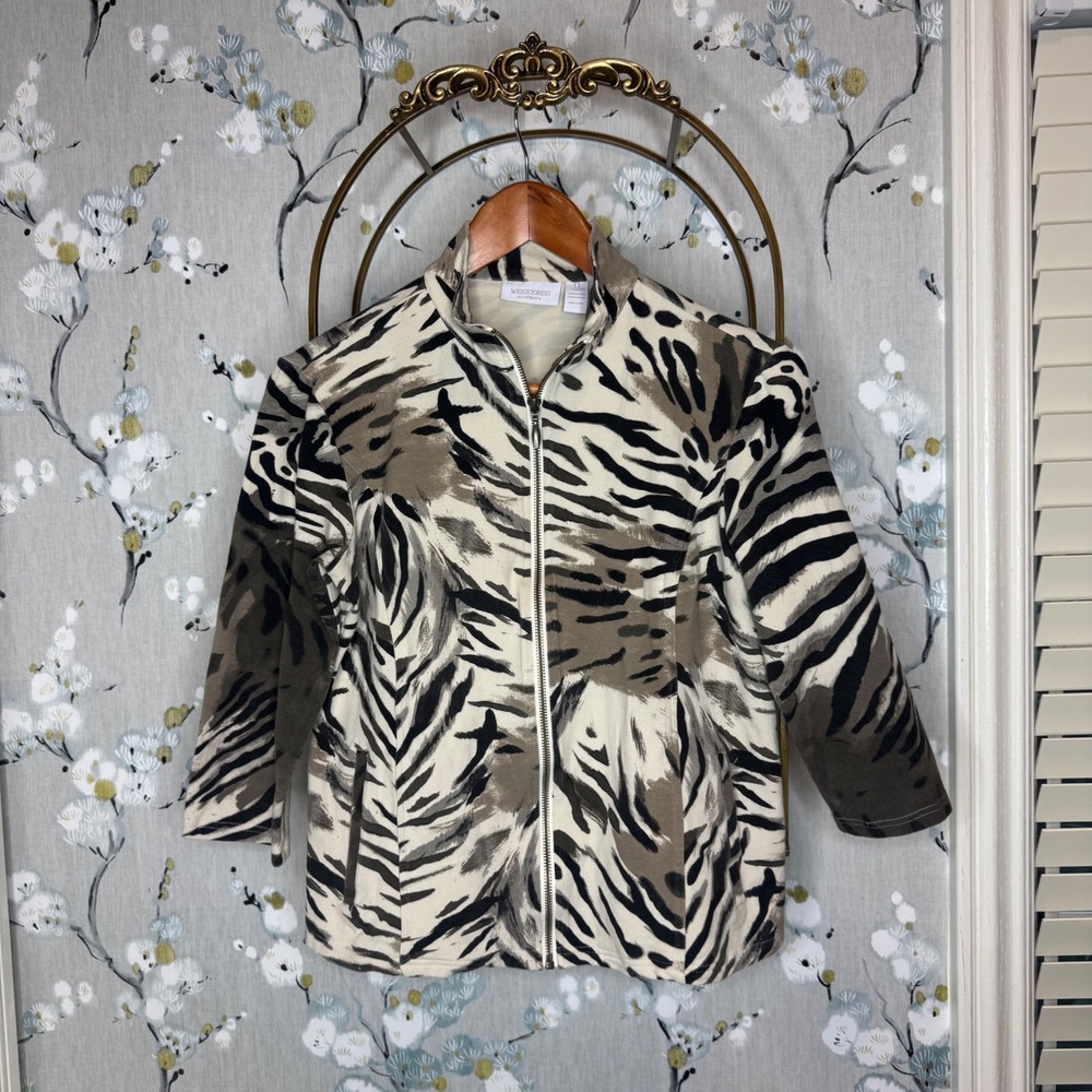 Weekends by Chicos Zebra Animal Print Full Zip Jacket Tan Black Women Size 0 S